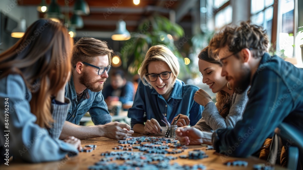 A group of young professionals are working together to solve a puzzle. They are all smiling and engaged in the task at hand. The image is well-lit and has a warm and inviting atmosphere. It is a