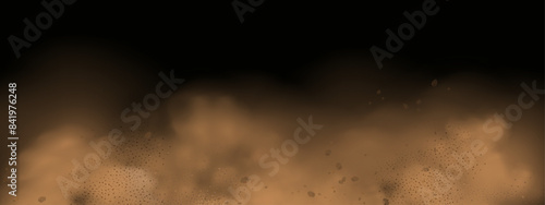 Vector background of a sand explosion with dirt and cloud smoke. Brown sandstorm splash and  dirty ground with a textured wind effect.Yellow flying particles and stone.