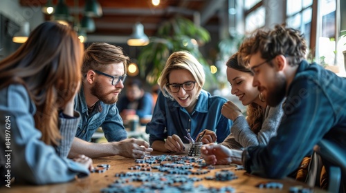 A group of young professionals are working together to solve a puzzle. They are all smiling and engaged in the task at hand. The image is well-lit and has a warm and inviting atmosphere. It is a photo