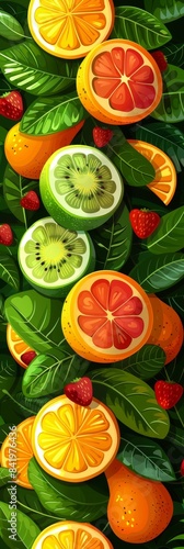 Vibrant Citrus Fruit and Green Leaves Abstract Background