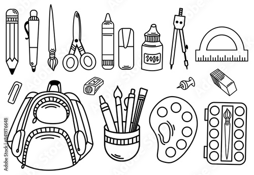 Back to school set in line style - bag, school supplies and drawing tools set. Colring book or pages for kids
