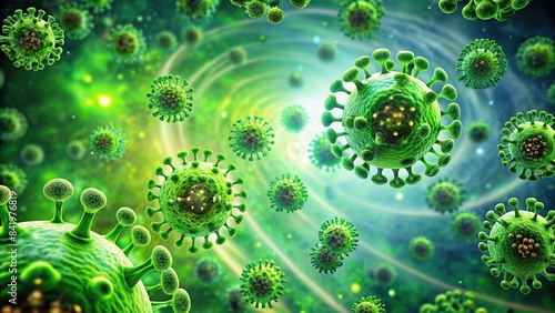A vibrant green background pulsates with a mesmerizing array of virus cells, their intricate structures swirling and rotating in a dynamic, almost organic dance, virus cells,