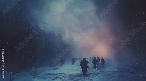 War. Winter. Soldiers. Background. Frozen battlegrounds, unyielding soldiers. photo