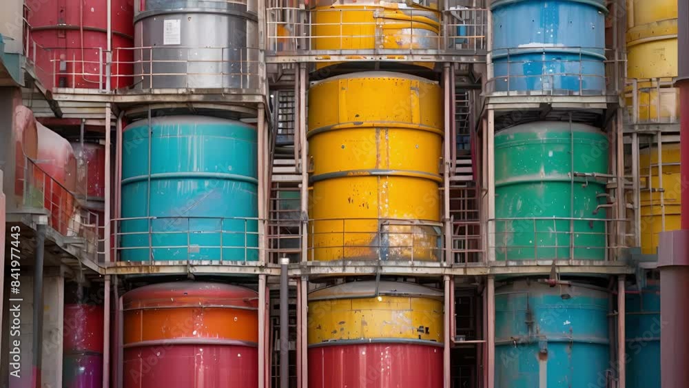 At a chemical plant a massive cylindrical tank is surrounded by a web of colorful heatresistant blankets providing thermal insulation for its contents. At a chemical plant a massive cylindrical tank is surrounded by a web of colorful heatresistant blankets providing thermal insulation for its contents.