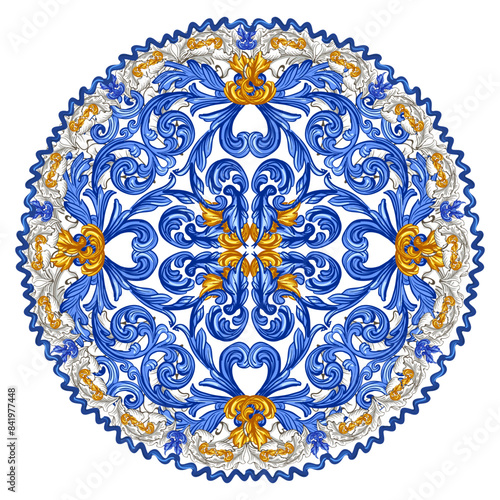 Azulejos. Blue and yellow ceramic pattern. Traditional tribal ornament. Capri Maiolica. Delft Blue and White. 