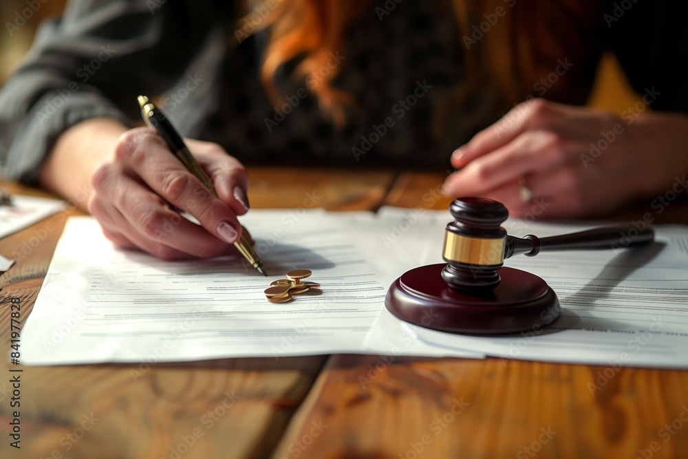 a woman signing a contract with a judges gavel