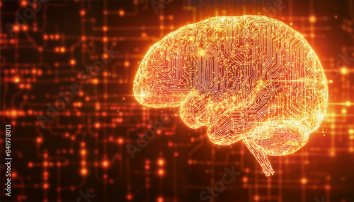 Electronic brain on an abstract tech background. Artificial intelligence concept design. Room for copy 