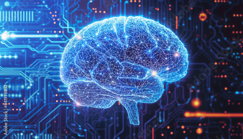 Electronic brain on an abstract tech background. Artificial intelligence concept design. 