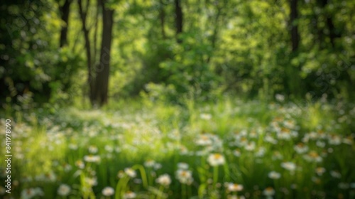 Blur background of sunlight shining though the tree with grass field. Soft light nature photography. Peaceful nature and solitude concept. Design for relaxation and meditation spaces. Clean. Spate.