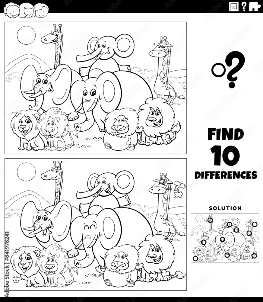 differences game with cartoon Safari animals coloring page