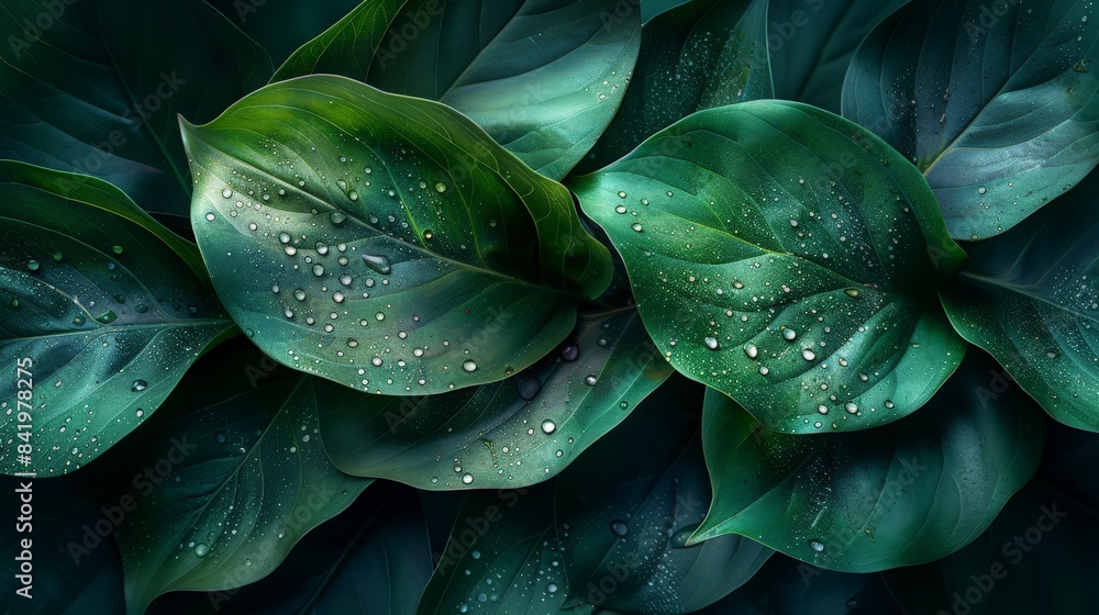 Fototapeta premium Leaves of Spathiphyllum cannifolium on a dark background: abstract texture of tropical greenery.
