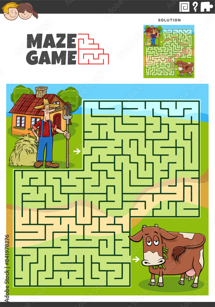 maze game with cartoon farmer and cow farm animal