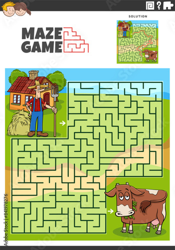 Obraz na płótnie maze game with cartoon farmer and cow farm animal w salonie