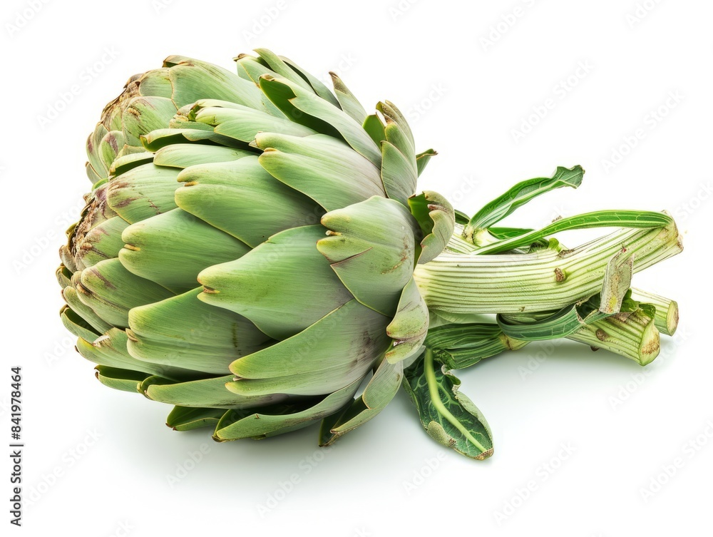 Fresh purple artichoke with green leaves on a white background. Fresh purple artichoke with green leaves on a white background.