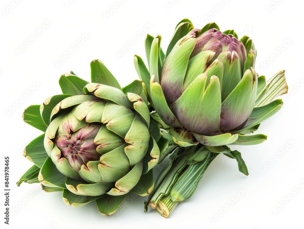 Fresh purple artichoke with green leaves on a white background. Fresh purple artichoke with green leaves on a white background.
