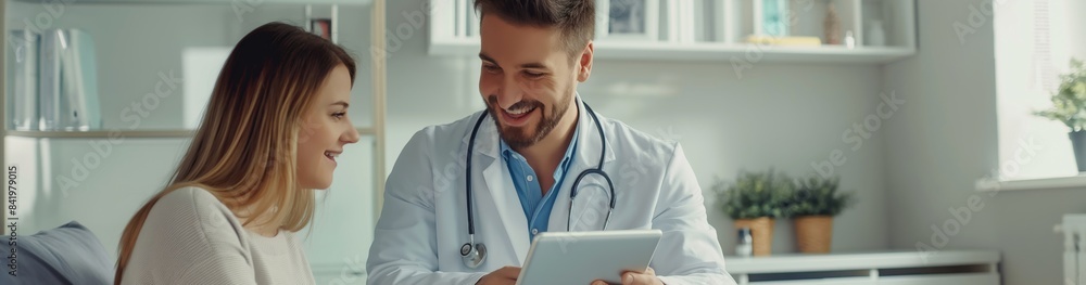 A female patient receives consultation and treatment in a modern clinic from a friendly doctor who uses technology. The setting is welcoming and healthcare advice is given with care A female patient receives consultation and treatment in a modern clinic from a friendly doctor who uses technology. The setting is welcoming and healthcare advice is given with care