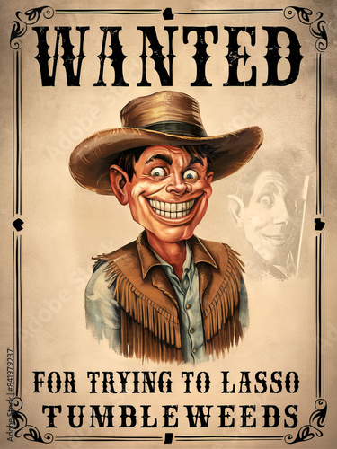 A wanted poster features grinning cowboy in hat and fringe jacket, accused of 