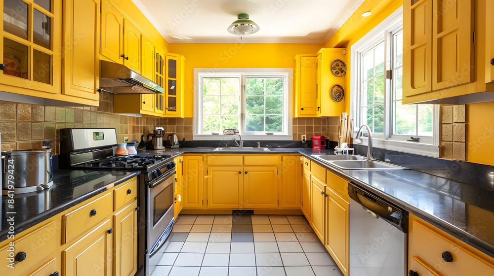 Fototapeta premium A kitchen with ceramic tile floors. Yellow walls and countertops covered in black granite. 