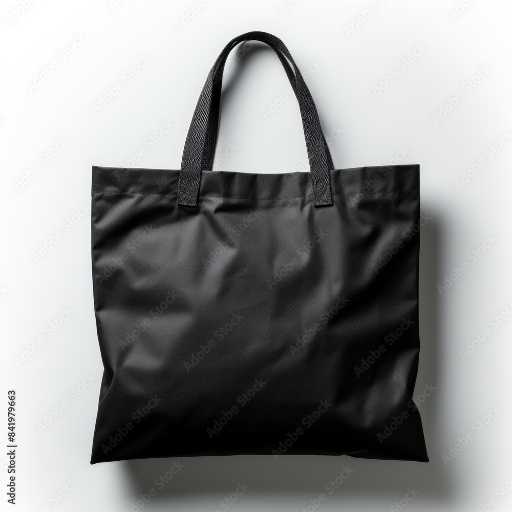 A black tote bag with two handles sits on a white background. A black tote bag with two handles sits on a white background.