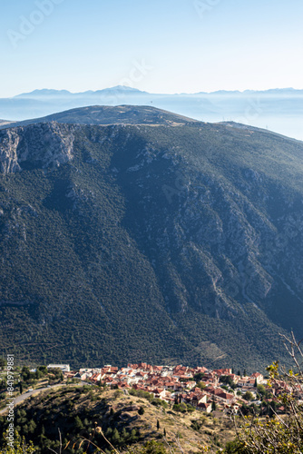 Greek hillside view looking down on Delphi