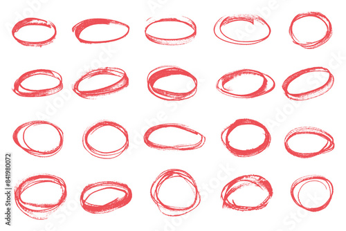 Red highlighter circle. Doodle marker oval circles. Red grunge ovals and circles for highlighting 