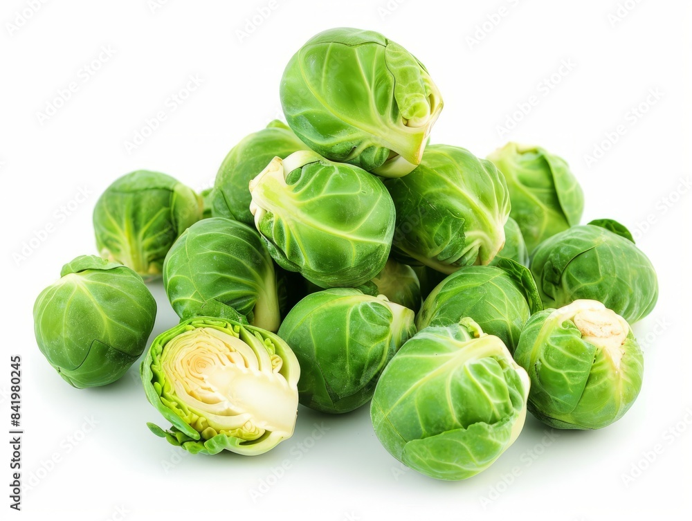 A pile of fresh Brussels sprouts isolated on a white background. A pile of fresh Brussels sprouts isolated on a white background.