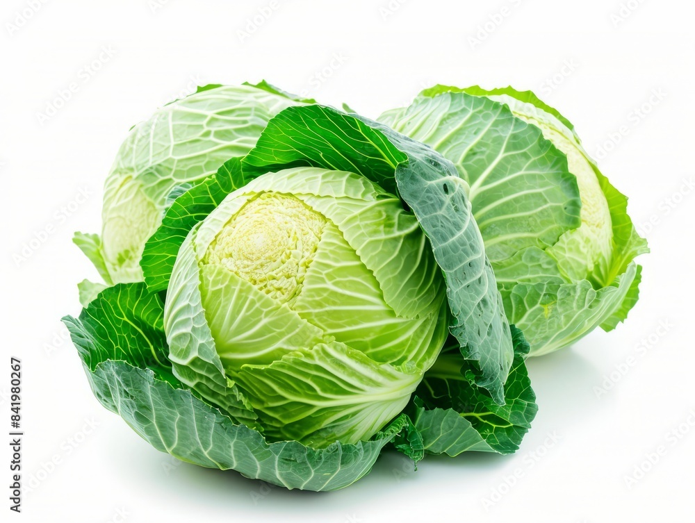 Green cabbage heads on top of each other against a white background. Green cabbage heads on top of each other against a white background.