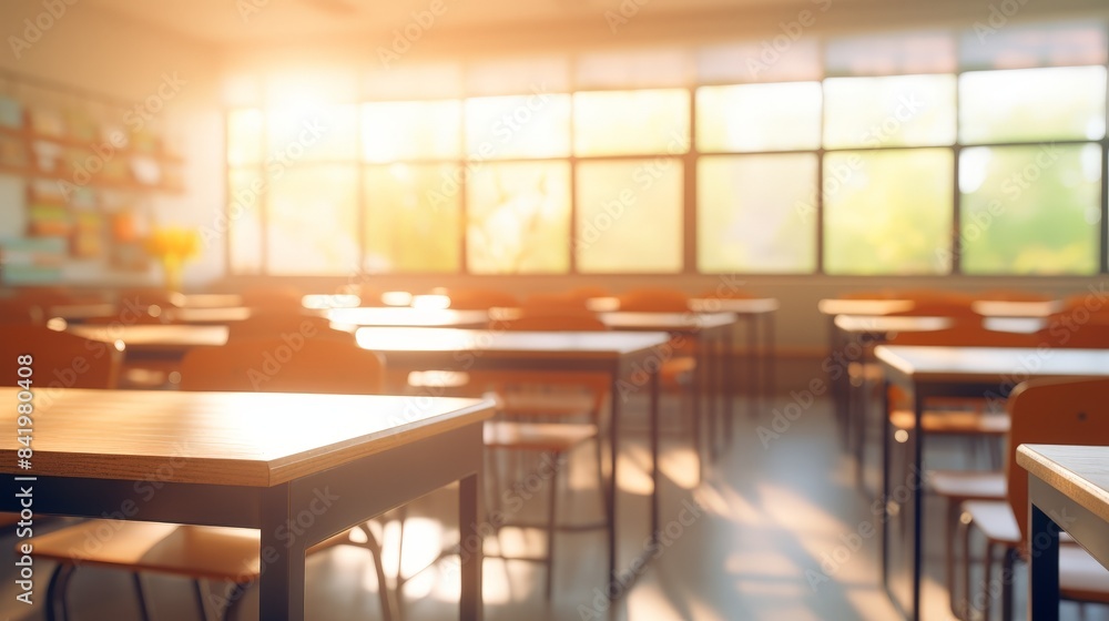 Empty classroom with wooden desks and sunlight streaming through large windows Empty classroom with wooden desks and sunlight streaming through large windows