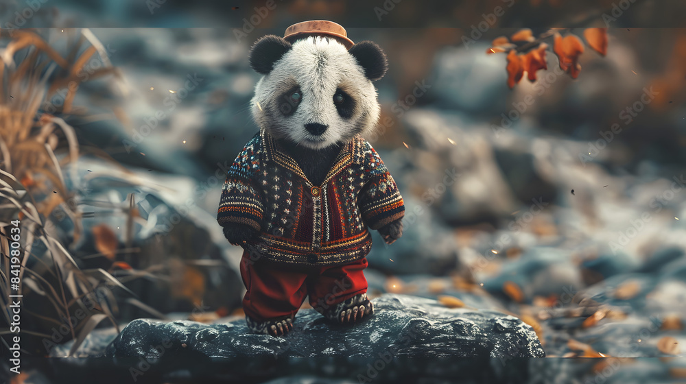 A lovely small panda adorning an antique bowler hat. patterned jumper. and red slacks is standing on the rocks. full body shot 