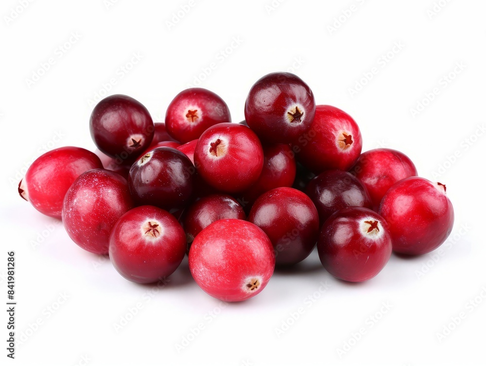 A close-up photo of a pile of fresh cranberries on a white background. A close-up photo of a pile of fresh cranberries on a white background.