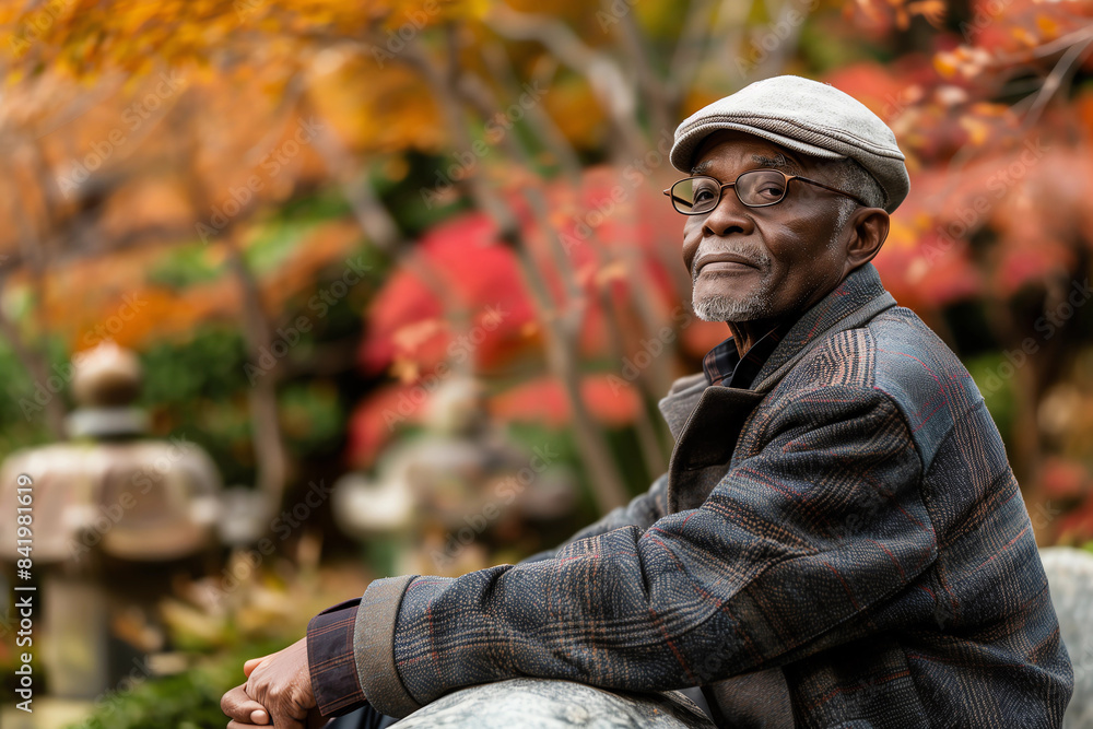 Fototapeta premium Old man wearing hat, sitting under tree in the garden park. Promotion for retirement advertising, nursing home, relaxed day, slow lifestyle, meditation, and many more