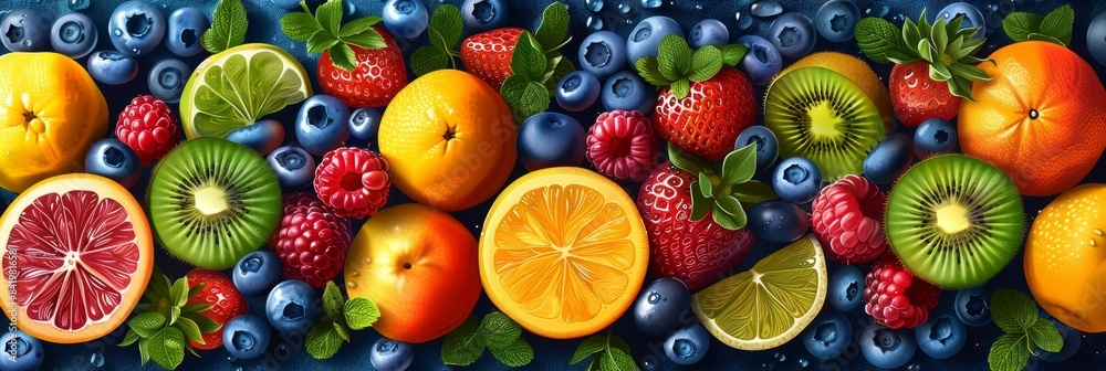 Vibrant Fruit and Berry Arrangement On Blue Background Vibrant Fruit and Berry Arrangement On Blue Background