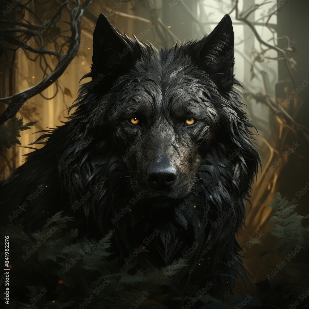 A black wolf with yellow eyes stands in a dark mystical forest surrounded by dense foliage and shadows
A black wolf with yellow eyes stands in a dark mystical forest surrounded by dense foliage and shadows