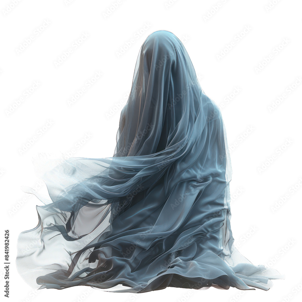 Mysterious figure draped in flowing translucent fabric, evoking a ghostly and ethereal presence against a stark white background. Mysterious figure draped in flowing translucent fabric, evoking a ghostly and ethereal presence against a stark white background.