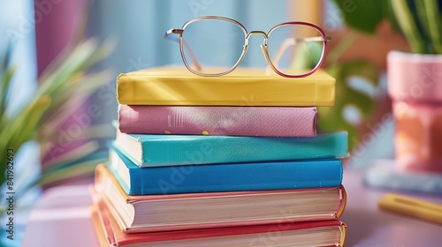 Narrow Image: A stack of colorful textbooks on a desk, with a pair of glasses placed on top, indicating a study or reading area