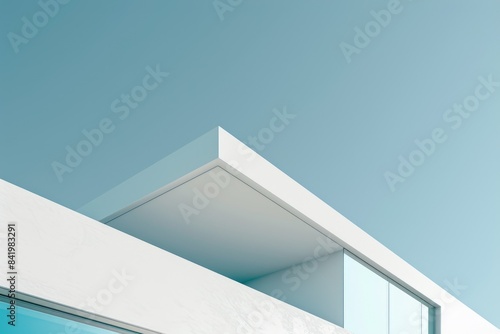 Photo of minimalistic geometric architectural building structure with white color and blue sky. Image of modern house with white color in square design with blue clear sky. Modern home concept. AIG42.