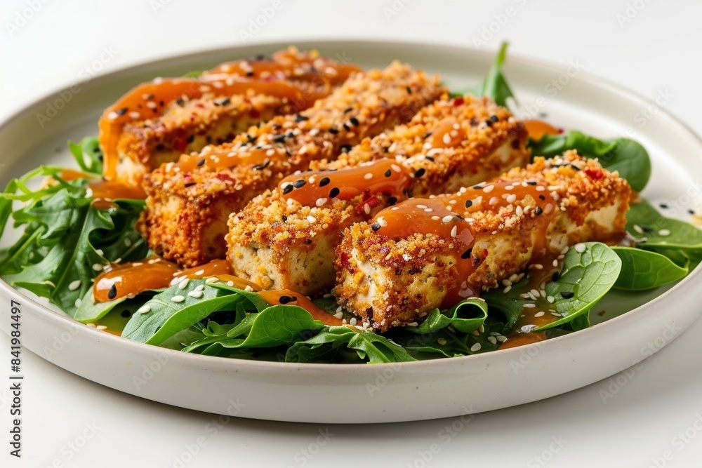 Crispy Baked Tofu Strips with Apricot Sesame Drizzle and Greens Crispy Baked Tofu Strips with Apricot Sesame Drizzle and Greens