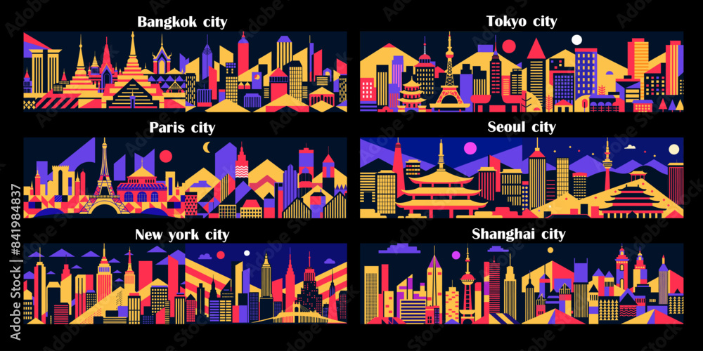 Obraz premium Catchy city graphics New York Paris Bangkok Tokyo Seoul Shanghai