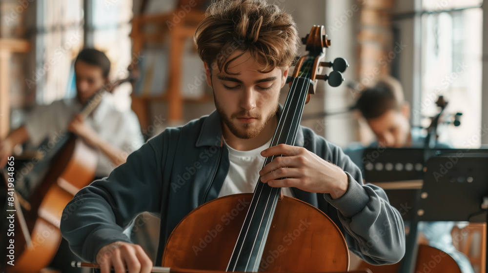 Fototapeta premium Concentrated Cellist Practices With Ensemble, Sunlight Filtering Through Cozy Room’s Windows