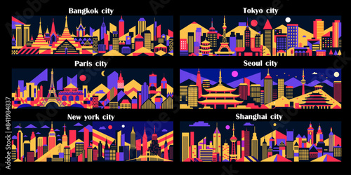 Catchy city graphics  New York  Paris  Bangkok Tokyo Seoul  Shanghai