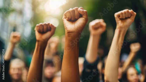 A group of people are raising their fists in protest. The image is taken from a low angle, making the fists appear powerful and determined. The background is blurred, suggesting that the protest is