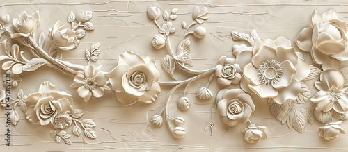 Beautiful flower 3d relief wallpaper. Mural wallpaper. Wall art. AI generated illustration.