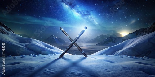 Photo of crossed skis and sticks against snowy landscape, winter sports, skiing, snowboarding, cold, frosty, recreation, outdoors, adventure, equipment, gear, snowy mountains photo