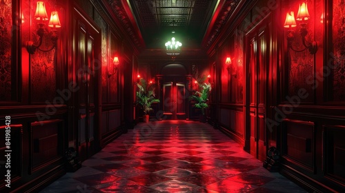 The red-lit hallway of a haunted hotel. photo