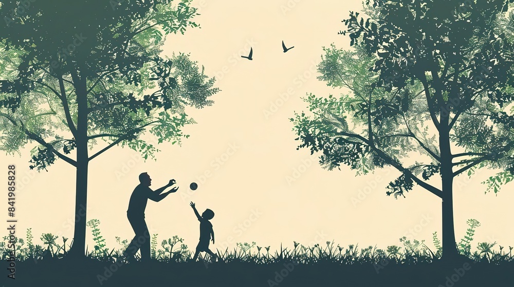 Silhouette of a father and son playing in a park. Silhouette of a father and son playing in a park.