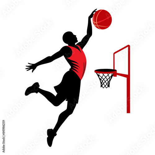 Basketball player jumping with a ball towards the goal post on a white background