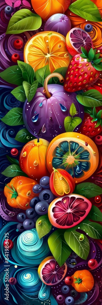 Vibrant Abstract Fruit Arrangement With Green Leaves and Swirling Blue Background