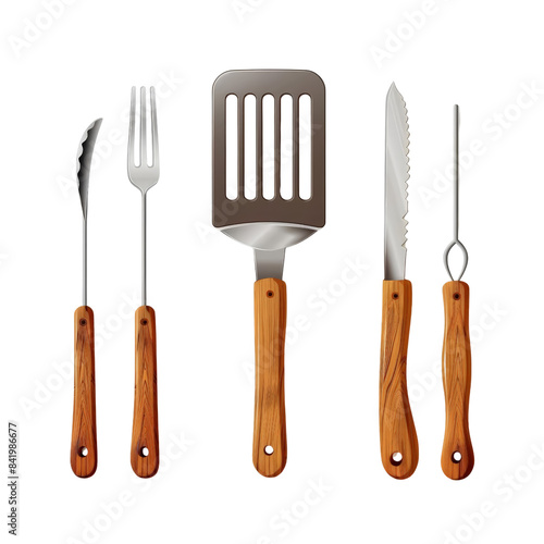 Set of wooden handle kitchen utensil including knife, spatula, fork, tongs for cooking and grilling isolated on transparent background.