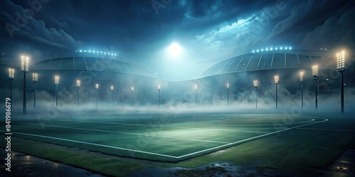 Soccer field with modern stadium in the background, enveloped in misty fog, creating a dramatic and atmospheric European Championship vibe , football, field, fog, background, Europe