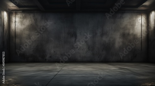 Dark  empty concrete room with moody lighting. Industrial space with worn walls and floor. Perfect for backgrounds or design mockups.
